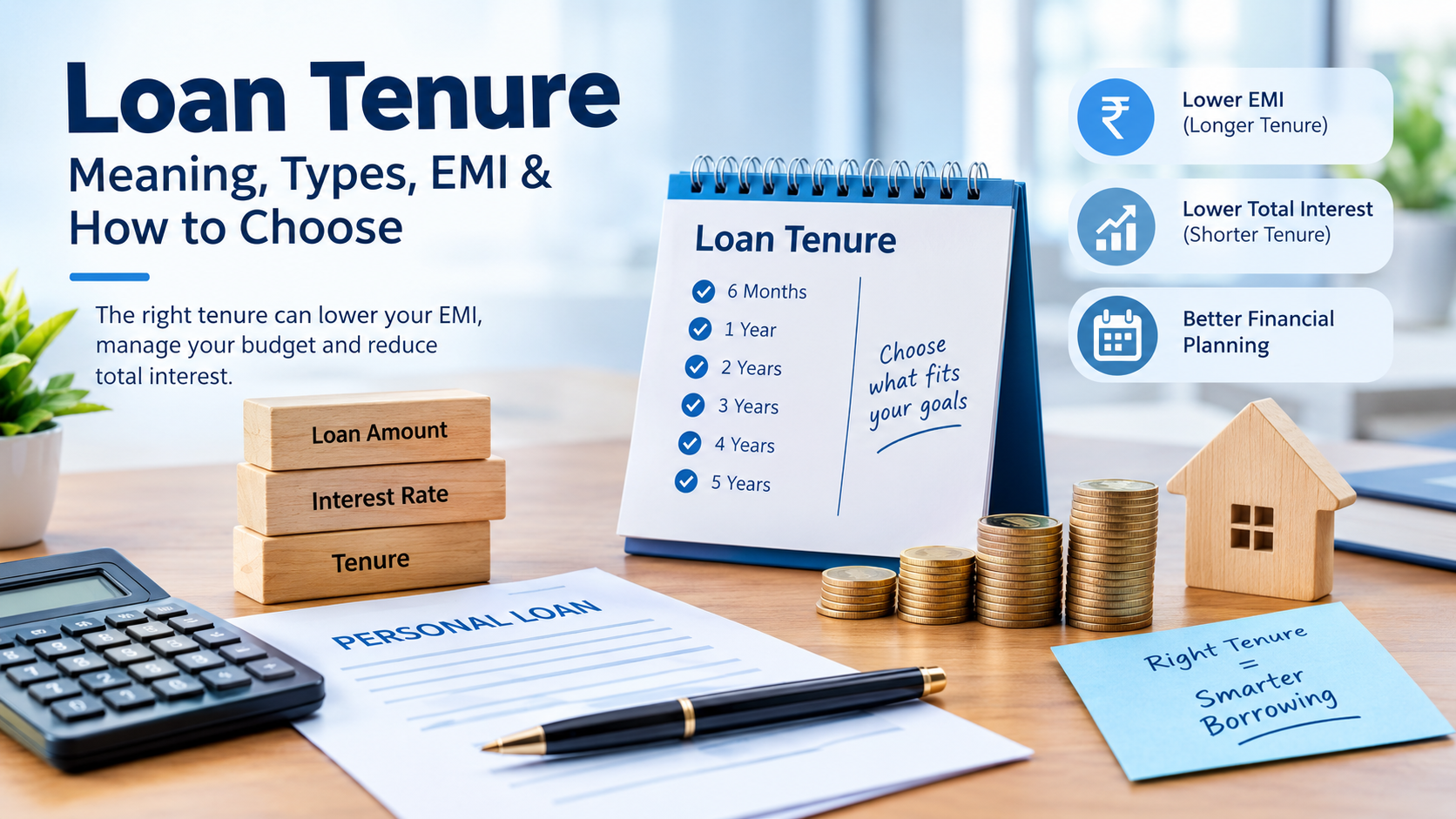 Loan tenure guide showing how repayment period affects EMI, total interest, and financial planning, with personal loan documents, calculator, calendar, and money icons.